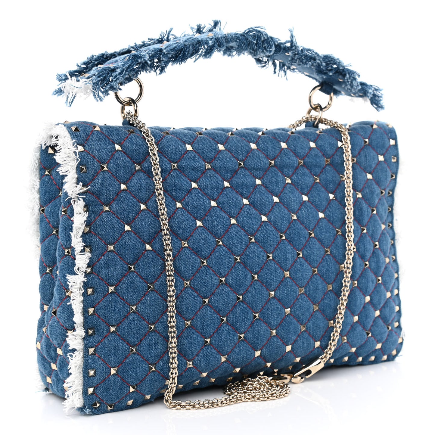 Denim Fringe Maxi Rockstud Spike Shoulder Bag Blue