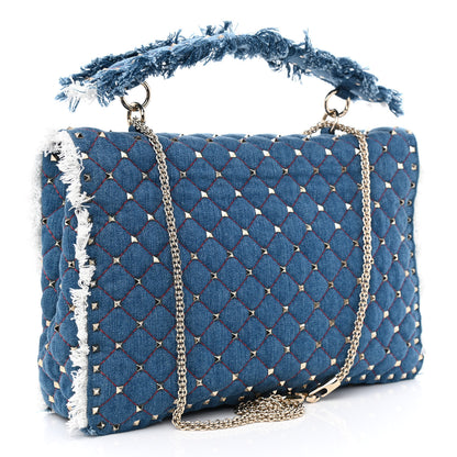 Valentino Garavani Denim Fringe Maxi Rockstud Spike Shoulder Bag Blue 3 of 10