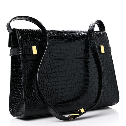 Saint Laurent Shiny Calfskin Crocodile Embossed Manhattan Baguette Black 3 of 13