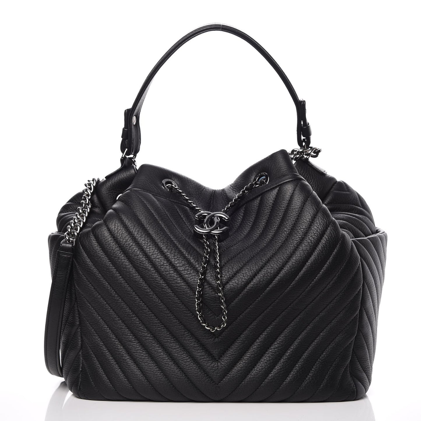Deerskin Chevron Large CC Chain Bucket Drawstring Bag Black