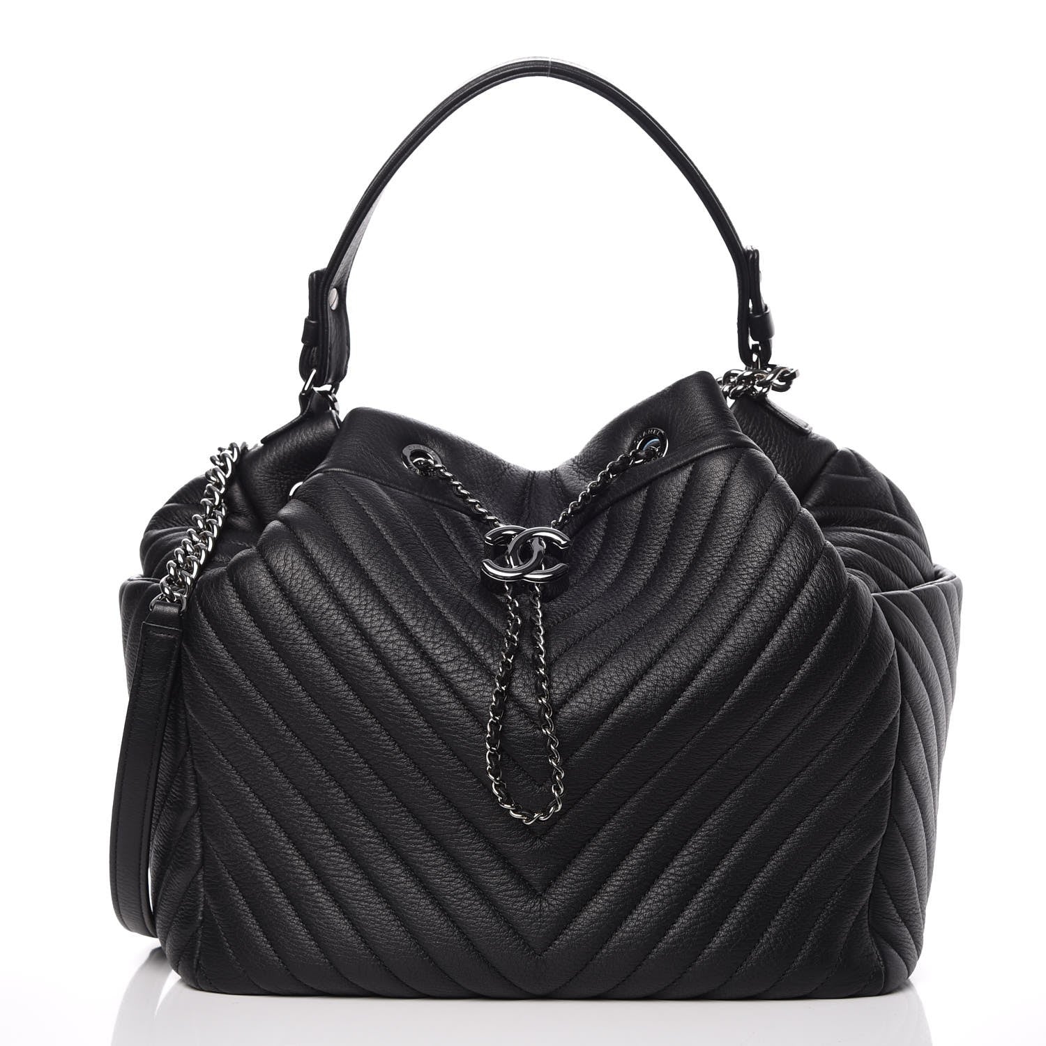 Chanel Deerskin Chevron Large CC Chain Bucket Drawstring Bag Black 1 of 9