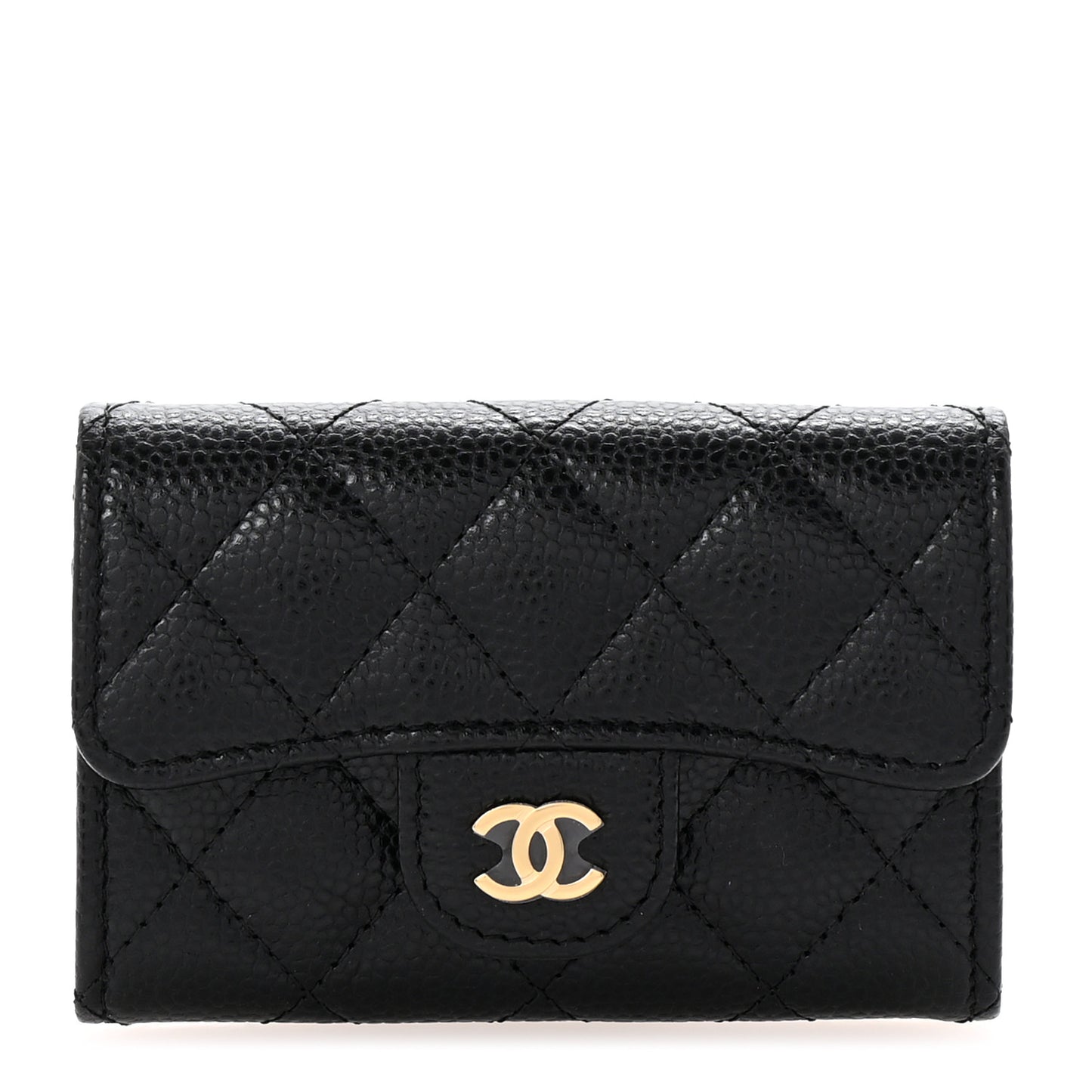 Caviar Quilted Flap Card Holder Wallet Black