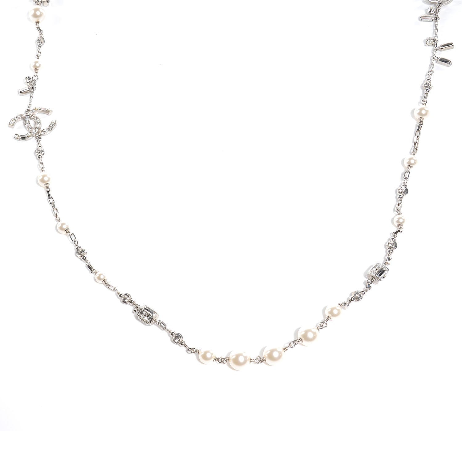 Chanel Crystal Pearl CC Long Necklace Silver 1 of 6