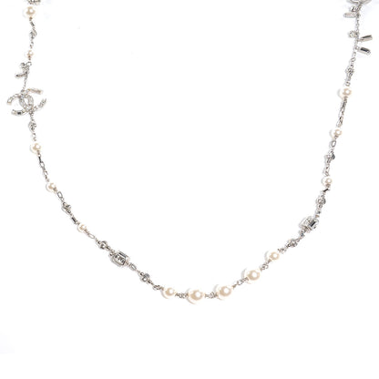 Chanel Crystal Pearl CC Long Necklace Silver 1 of 6