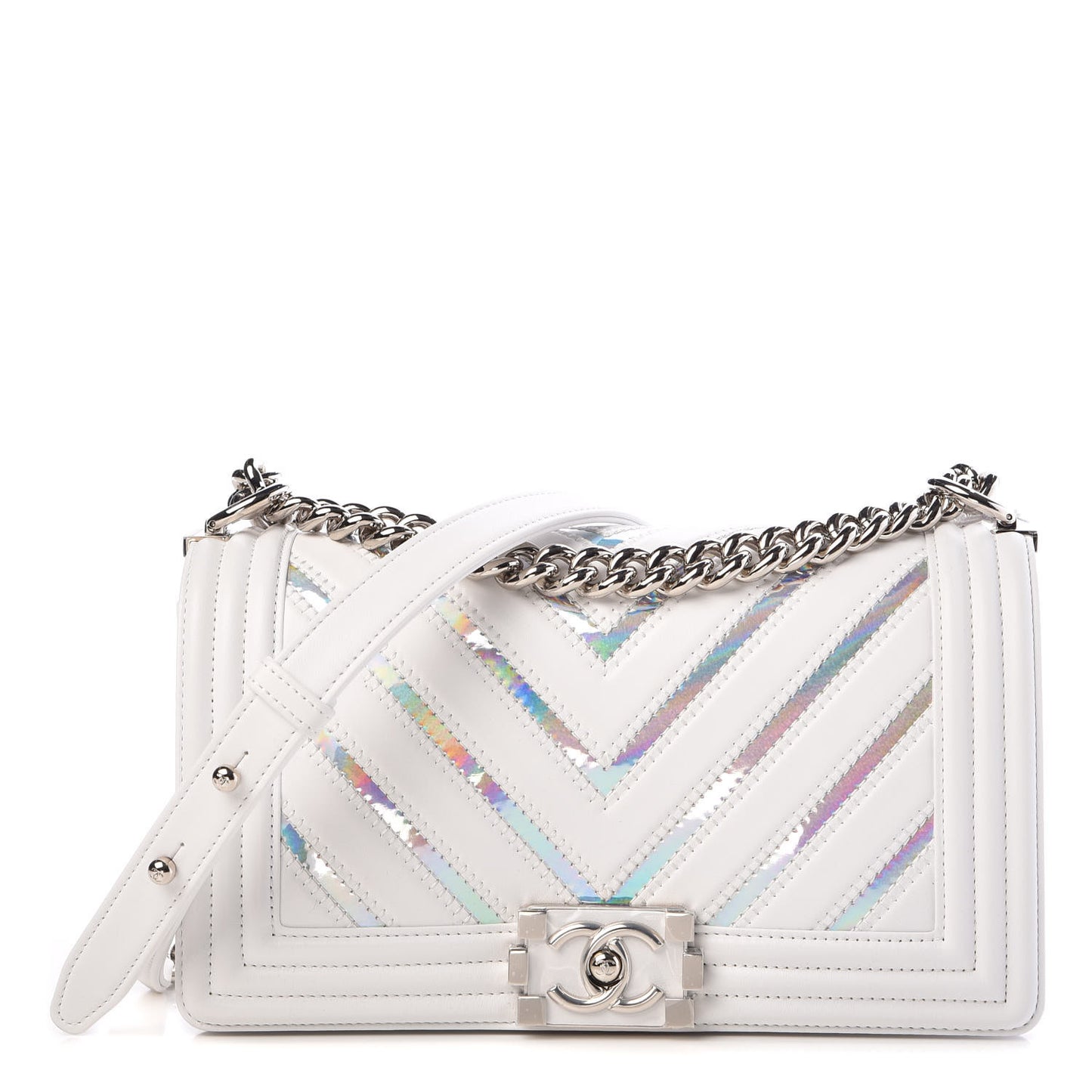 Lambskin Iridescent PVC Chevron Quilted Medium Boy Flap White Silver