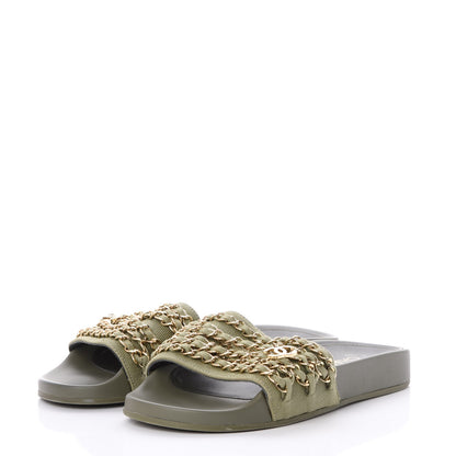 Chanel Canvas Chain Flat Sandals 36 Khaki 3 of 9