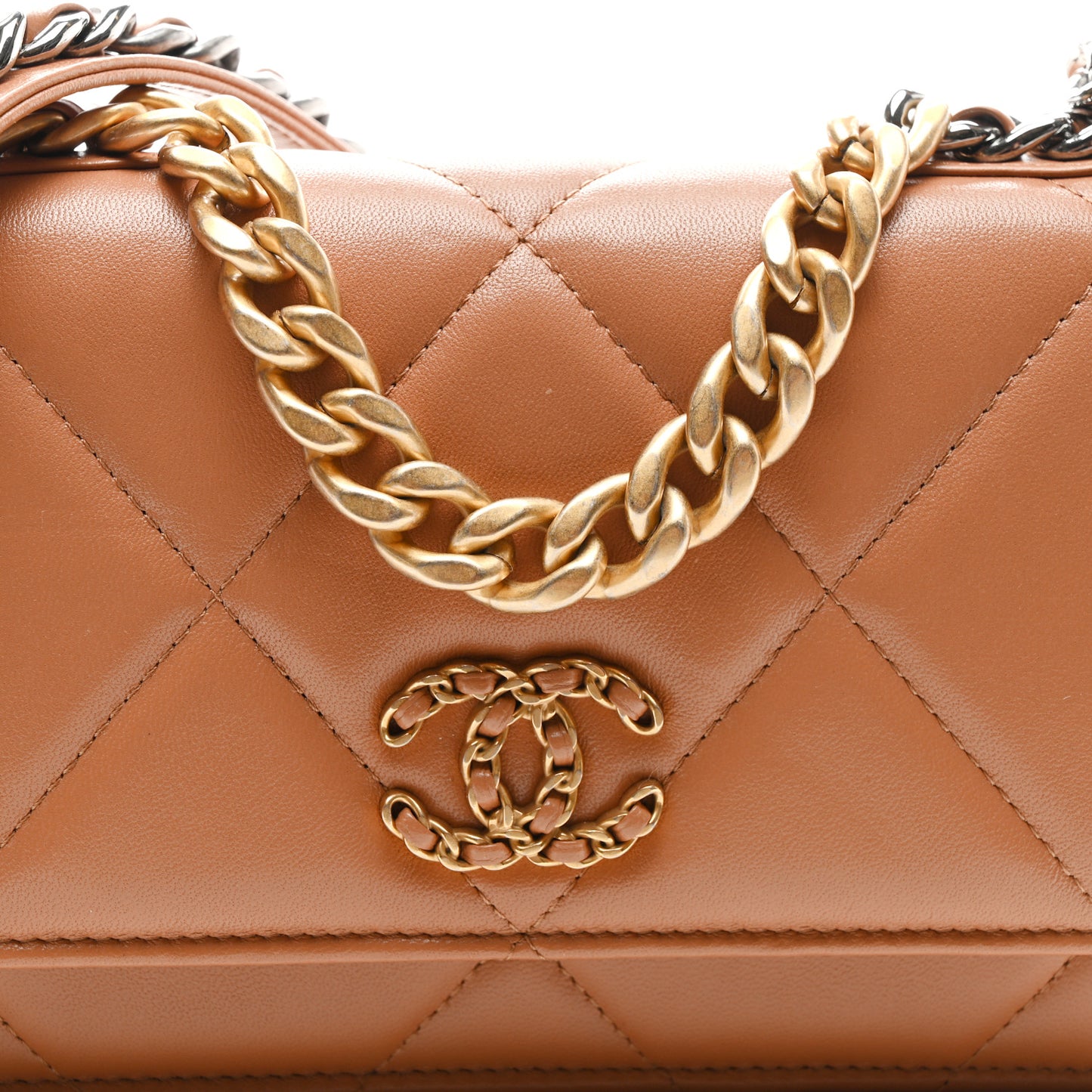 Lambskin Quilted Chanel 19 Wallet On Chain WOC Brown