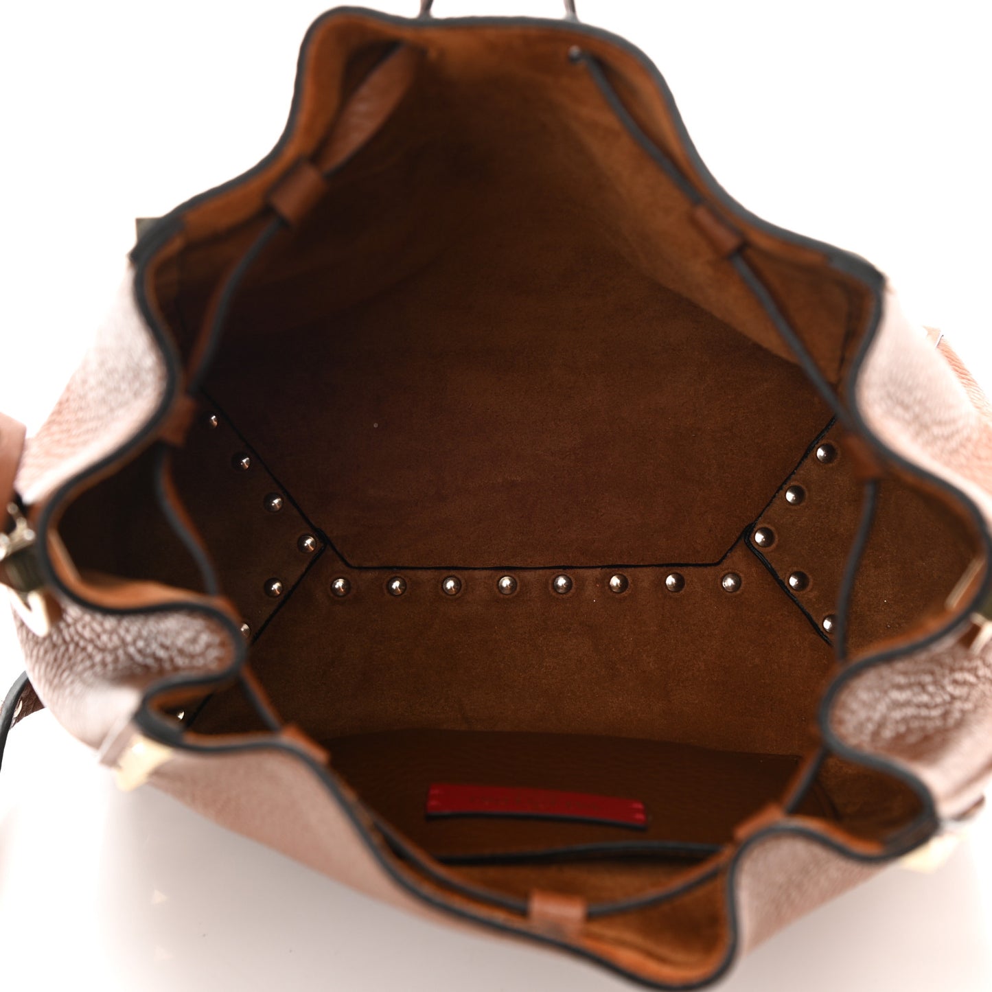 Grained Calfskin Rockstud Bucket Bag Saddle Brown