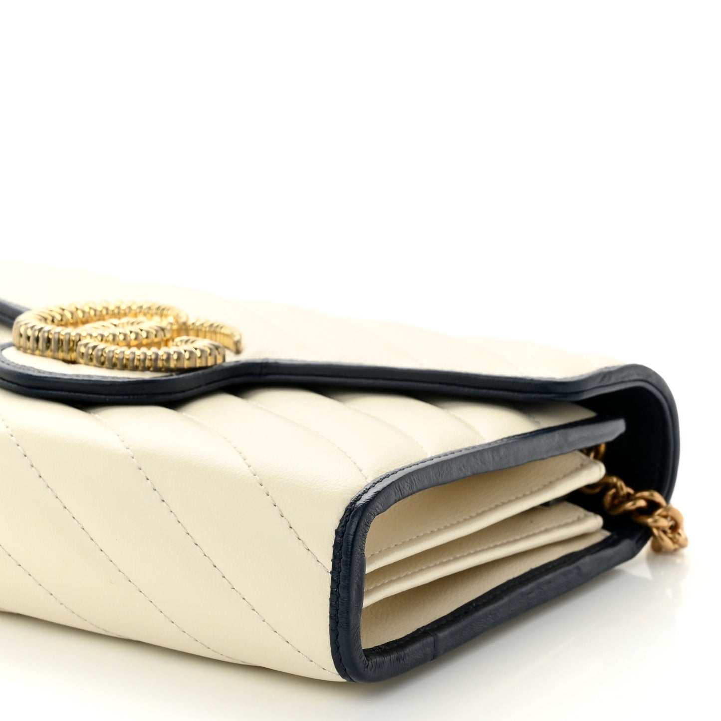 Vintage Effect Calfskin Matelasse Diagonal Torchon GG Marmont Chain Wallet Mystic White Blue Agata