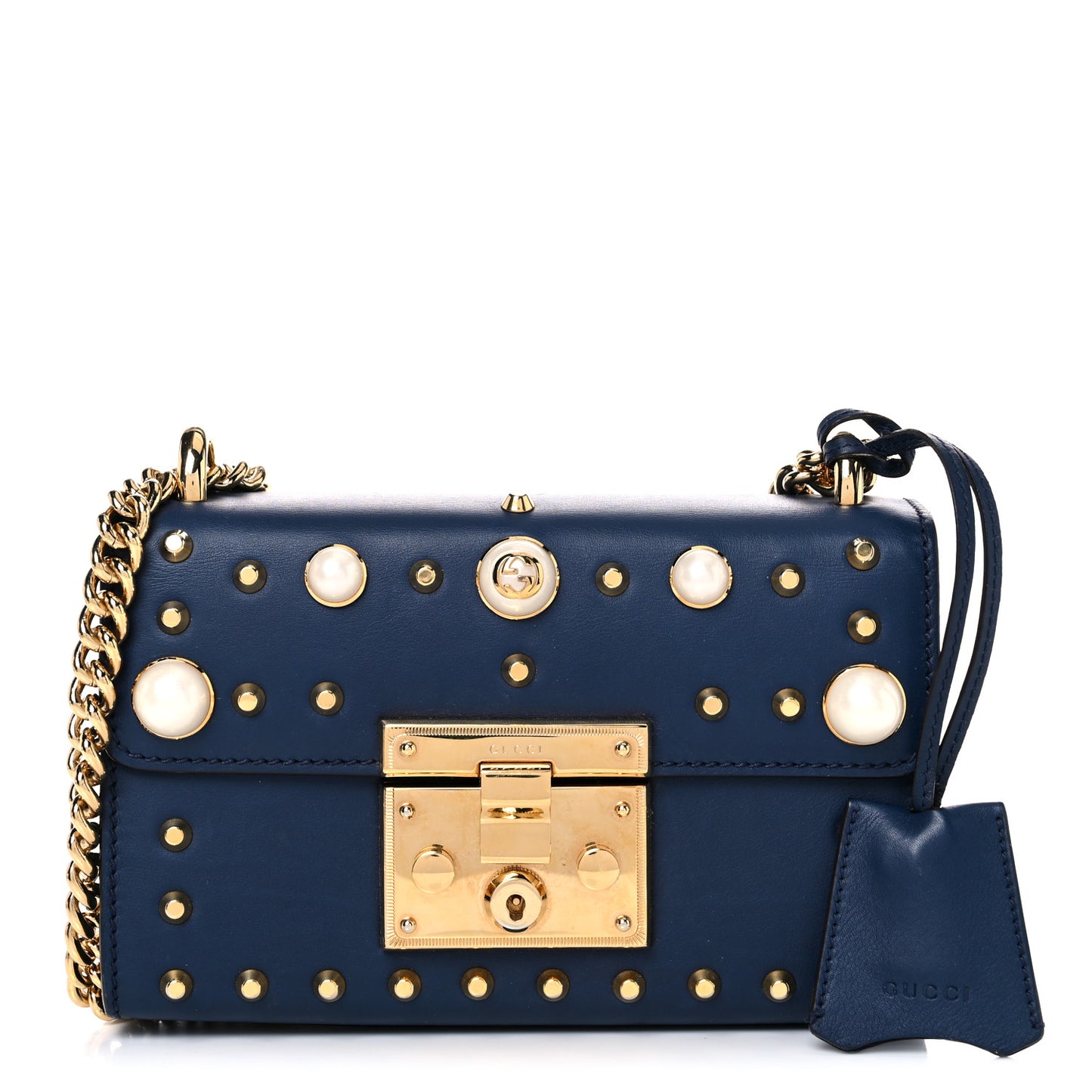 Calfskin Studded Small Padlock Shoulder Bag Blue Agata