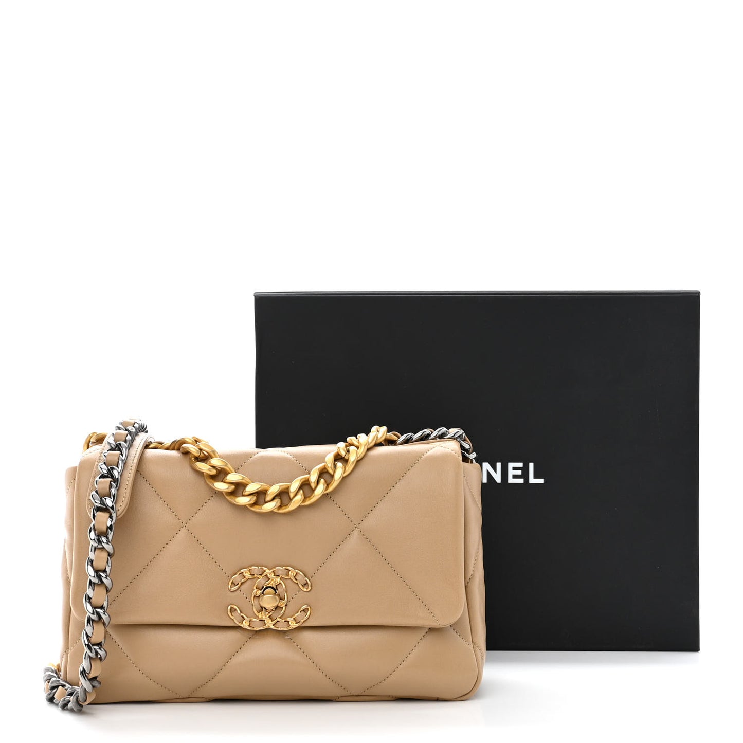 Lambskin Quilted Medium Chanel 19 Flap Dark Beige