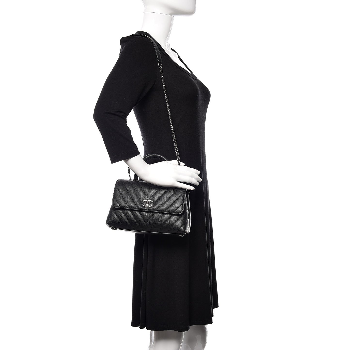 Caviar Chevron Quilted Mini Coco Handle Flap Black