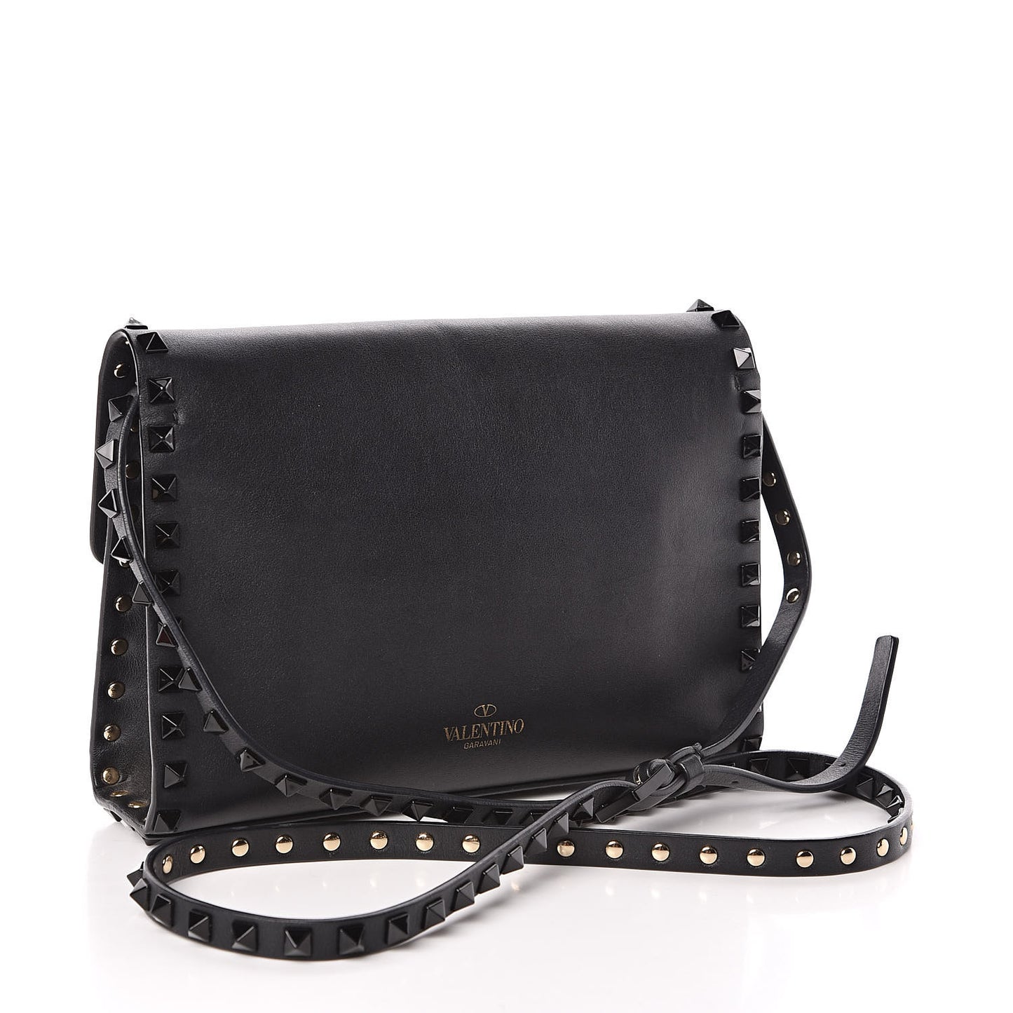 Vitello Monochrome Medium Rockstud Flip Lock Crossbody Bag Black