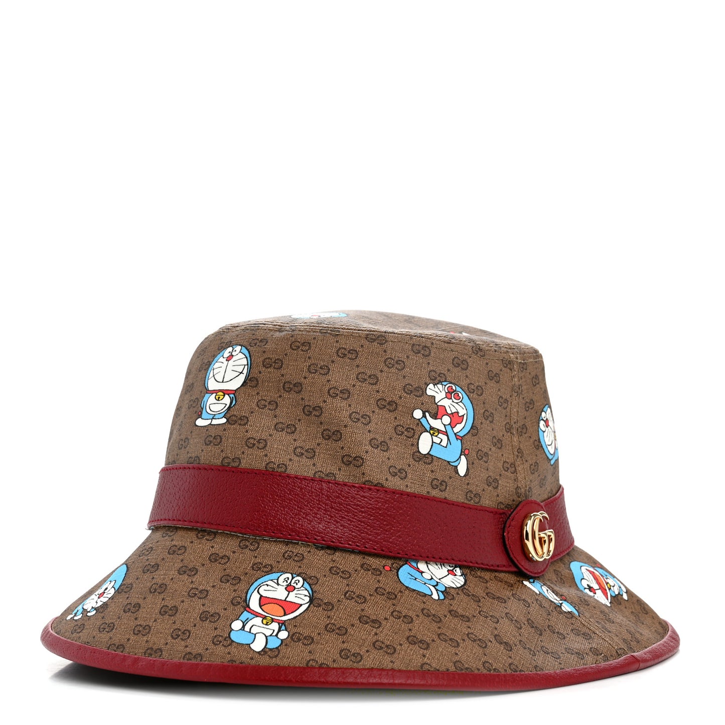 X DORAEMON Mini Vintage GG Supreme Monogram Textured Dollar Calfskin Bucket Hat L Beige Cherry Red