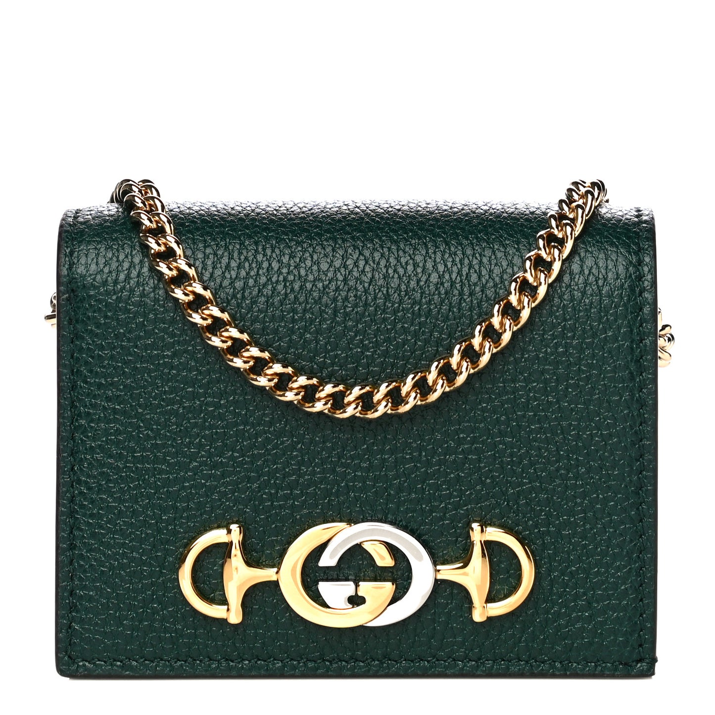 Grainy Calfskin Zumi Chain Card Case Wallet Vintage Green