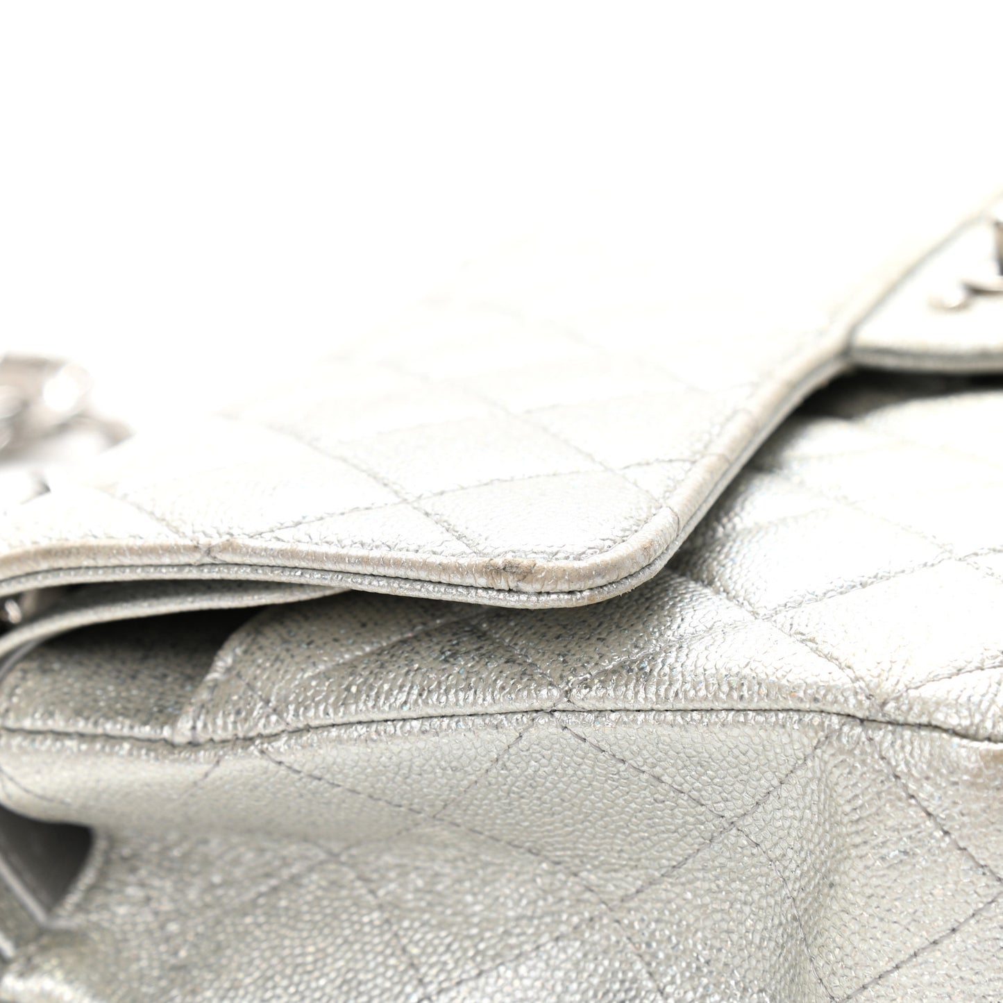 Glittered Metallic Caviar Quilted Medium Double Flap Silver