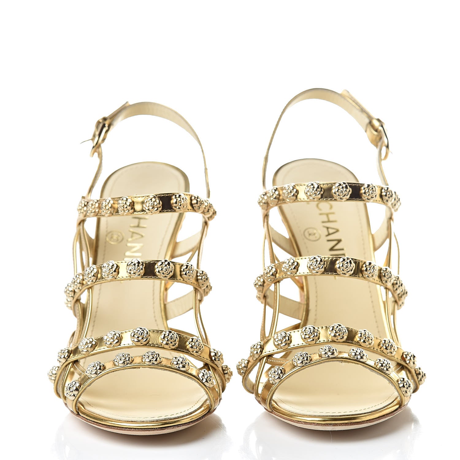 Chanel Mirror Calfskin Camellia Sandals 37.5 Gold 2 of 12