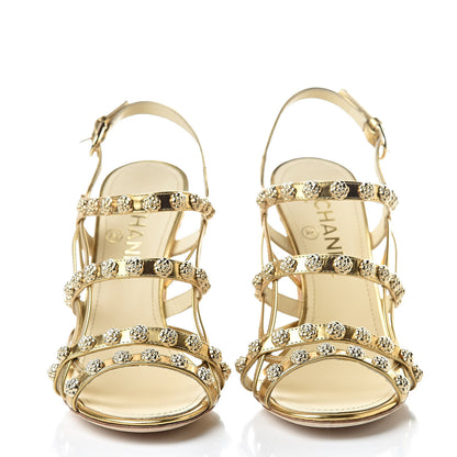 Chanel Mirror Calfskin Camellia Sandals 37.5 Gold 2 of 12