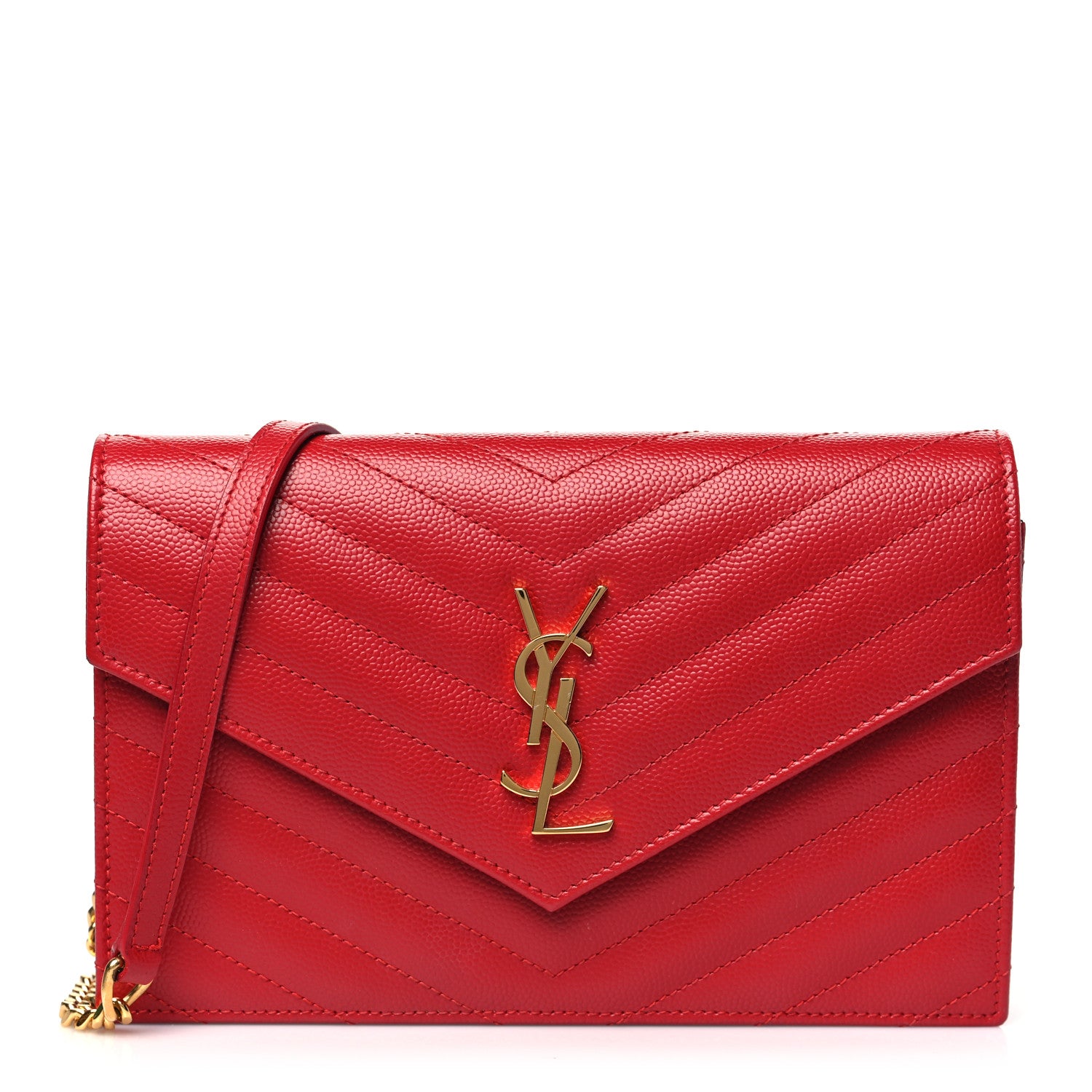 Saint Laurent Grain De Poudre Matelasse Chevron Monogram Envelope Chain Wallet New Red 1 of 11