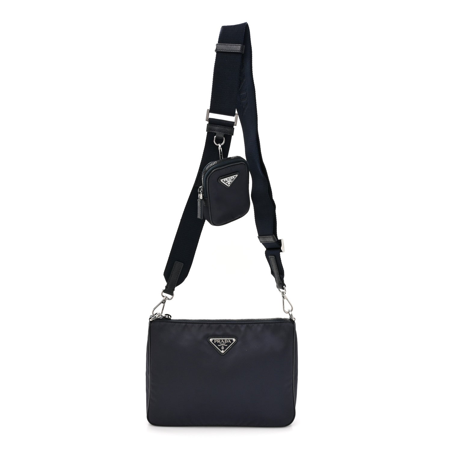 Prada Tessuto Nylon Saffiano Pocket Zippered Shoulder Bag Navy 1 of 9
