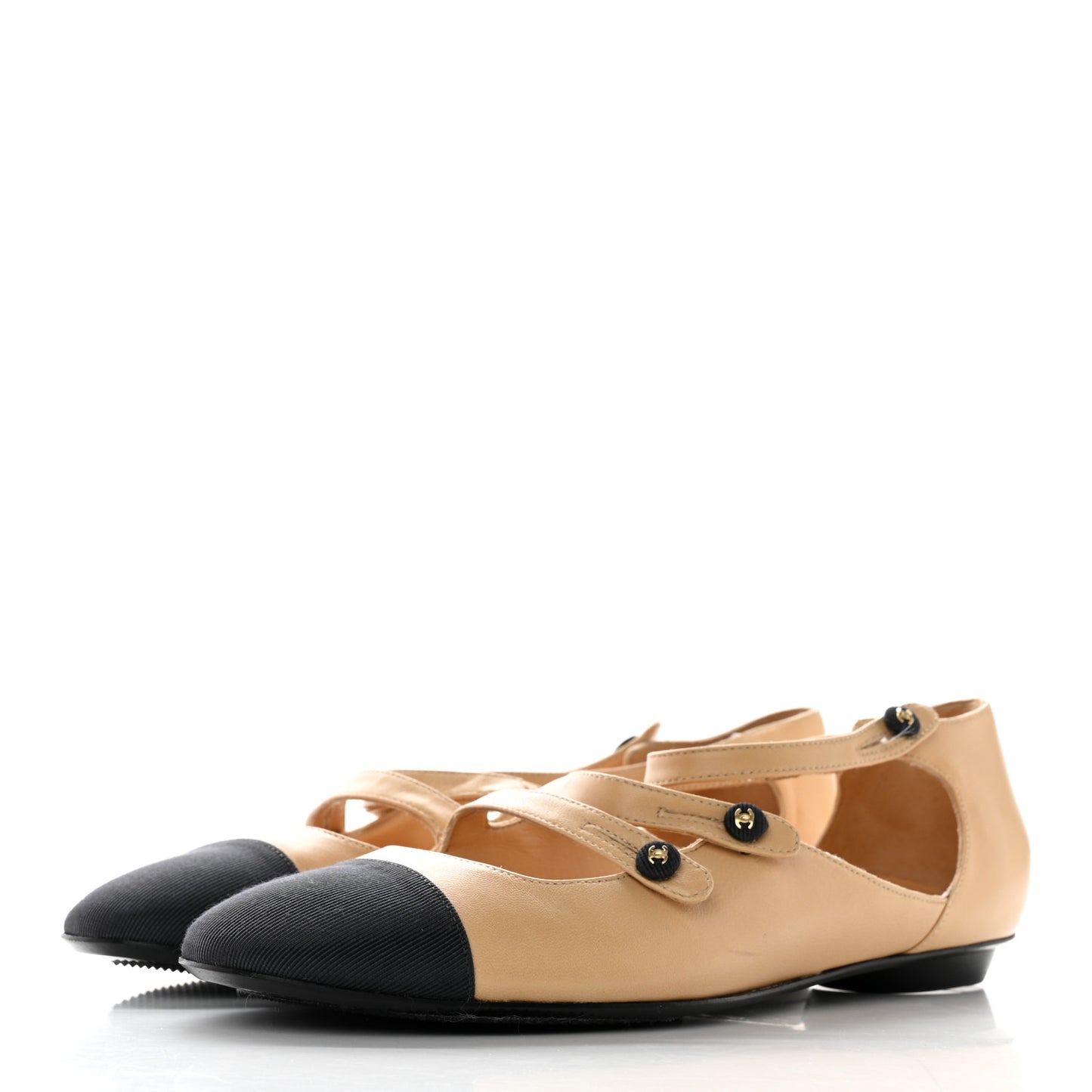 Goatskin Grosgrain Cap Toe Mary Jane Flats 36 Beige Black