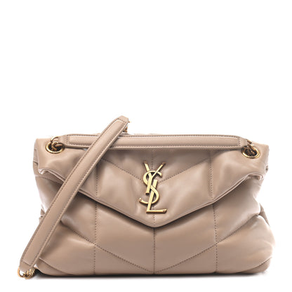 Saint Laurent Lambskin Quilted Small Loulou Puffer Monogram Chain Satchel Dark Beige 1 of 8