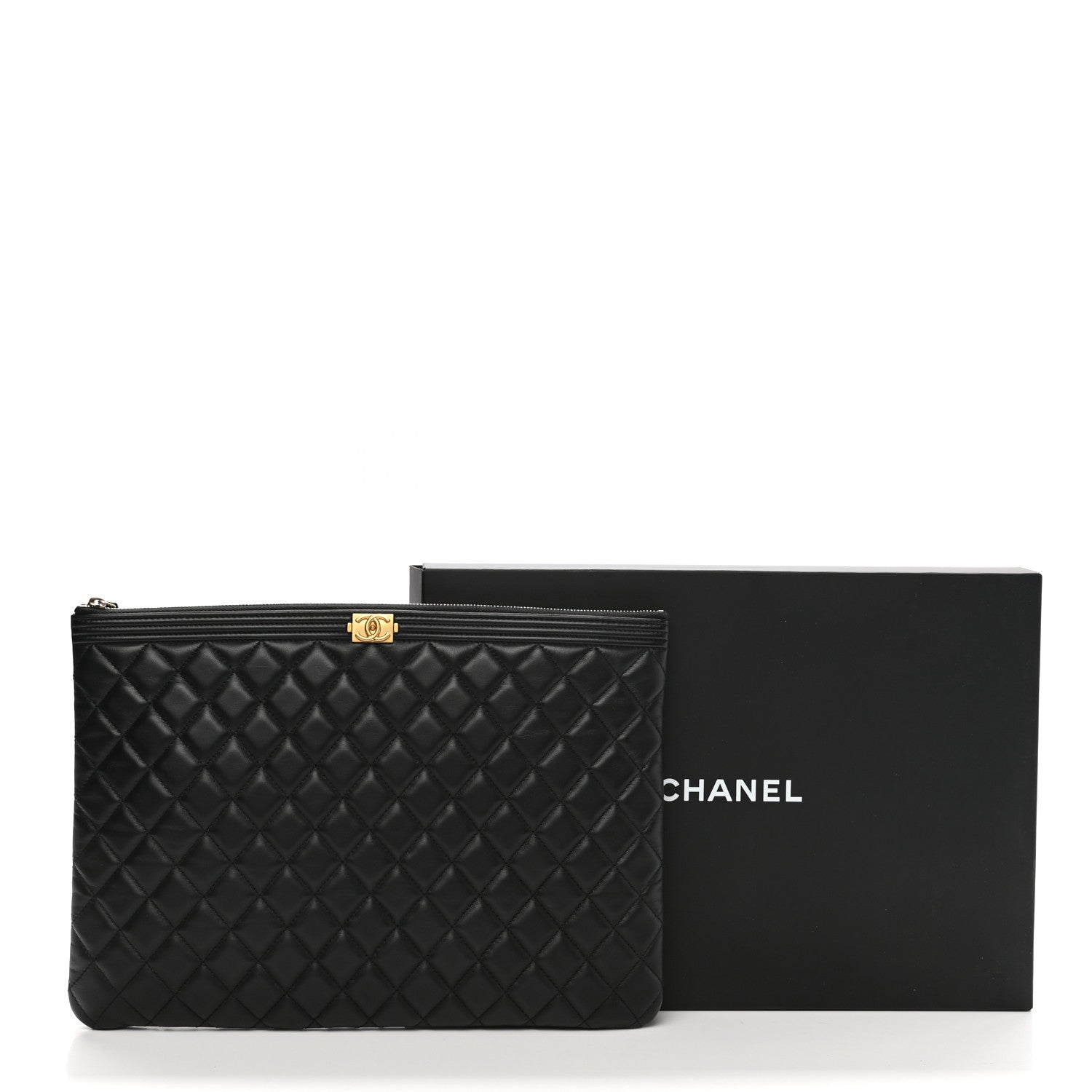 Chanel Lambskin Quilted Large Boy Zip Pouch Black 8 of 8