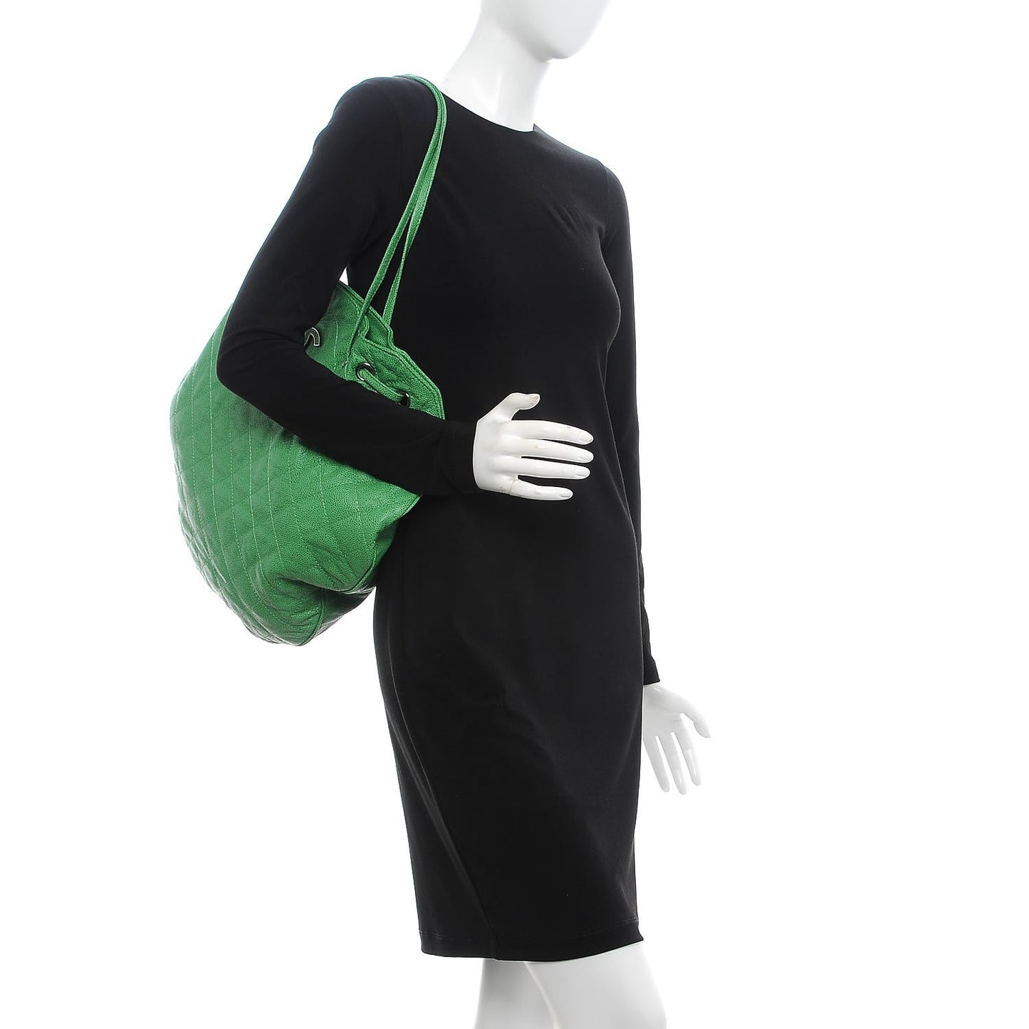 Crumpled Grained Calfskin Drawstring Tote Green