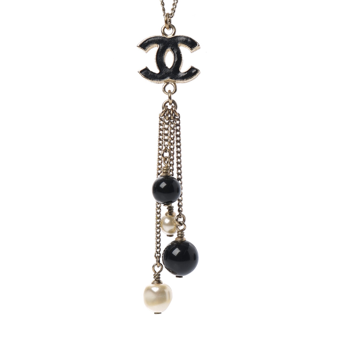Enamel Bead Pearl CC Drop Necklace Black Gold
