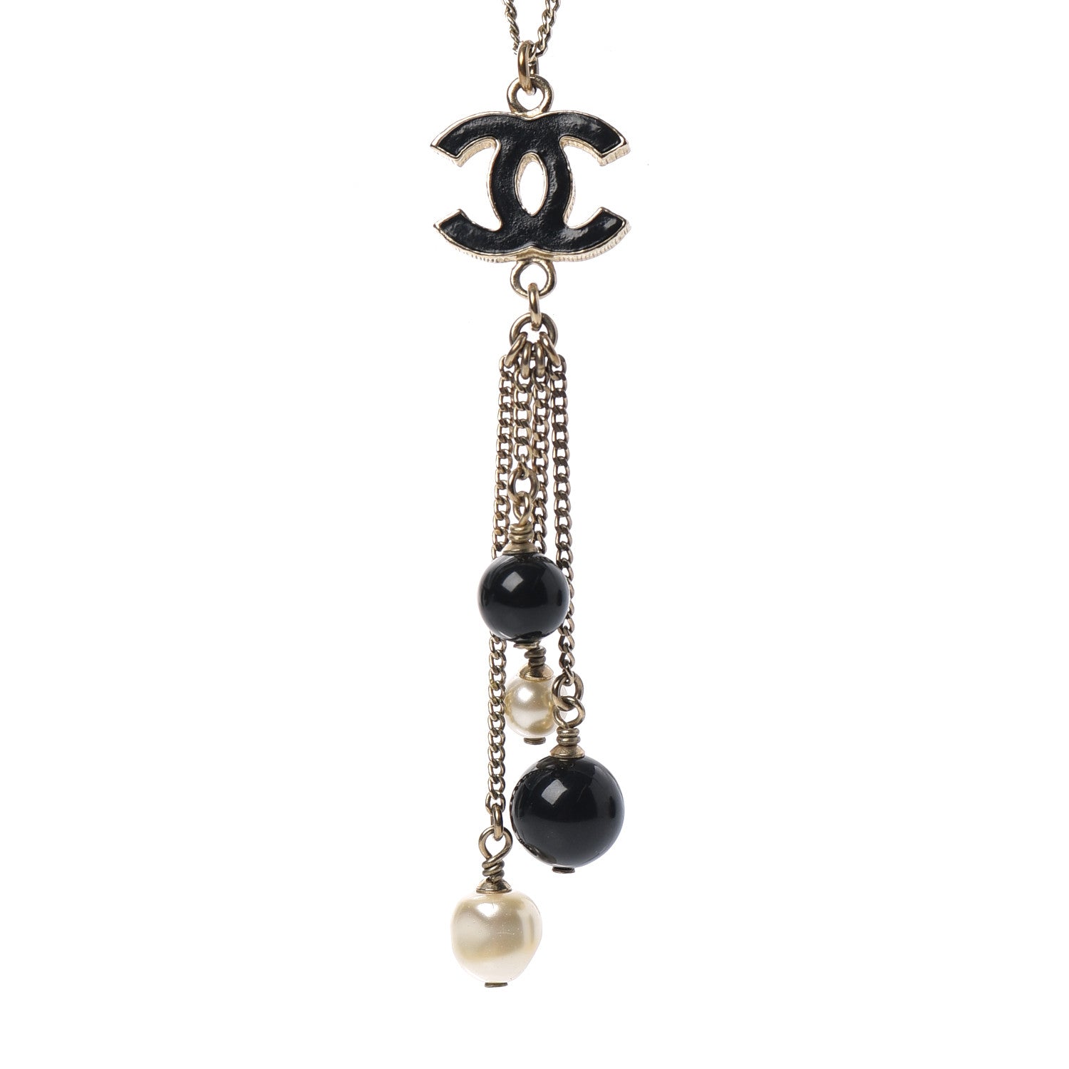 Chanel Enamel Bead Pearl CC Drop Necklace Black Gold 4 of 5