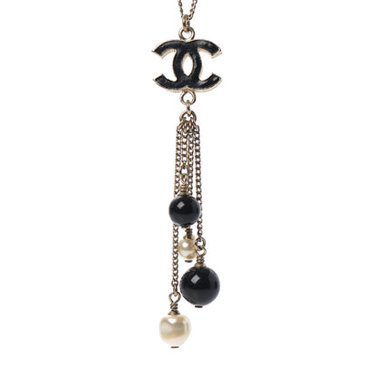 Chanel Enamel Bead Pearl CC Drop Necklace Black Gold 4 of 5