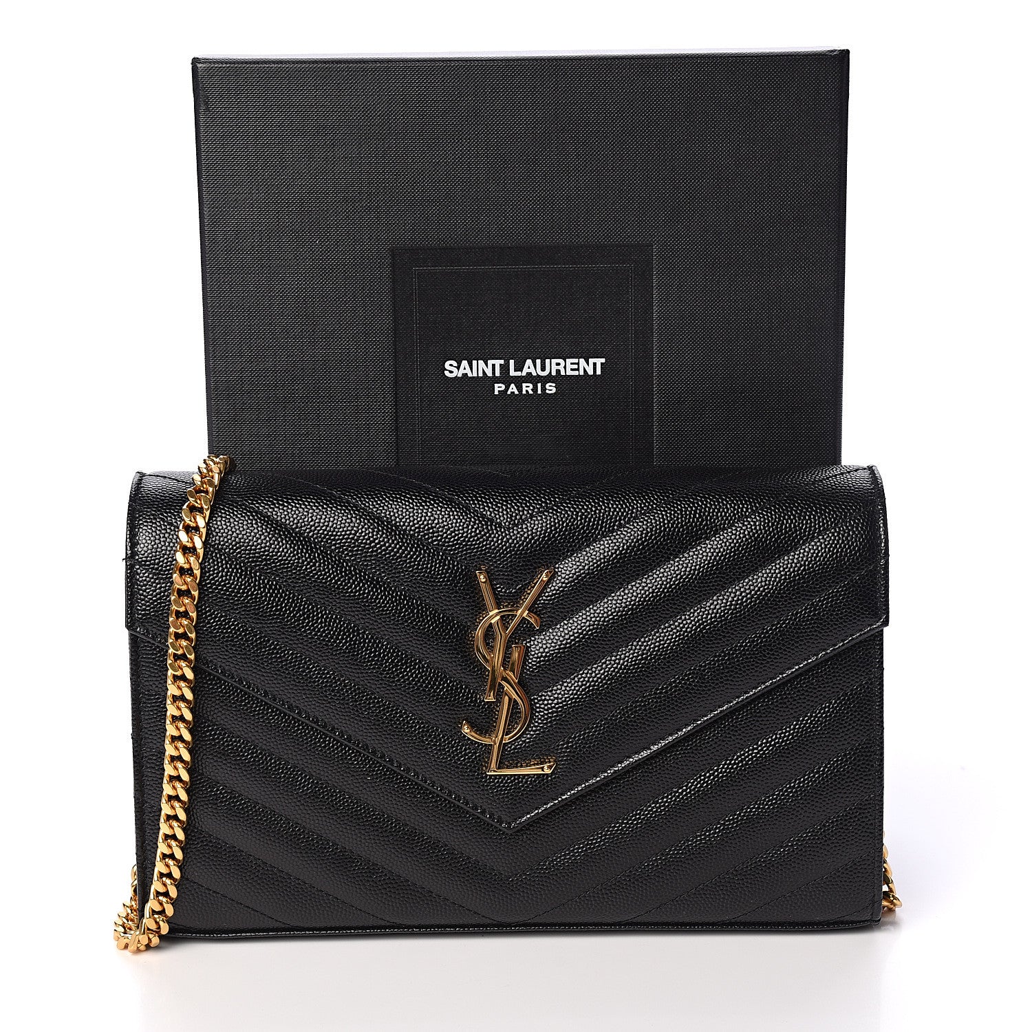 Saint Laurent Grain De Poudre Matelasse Chevron Monogram Chain Wallet Black 10 of 10