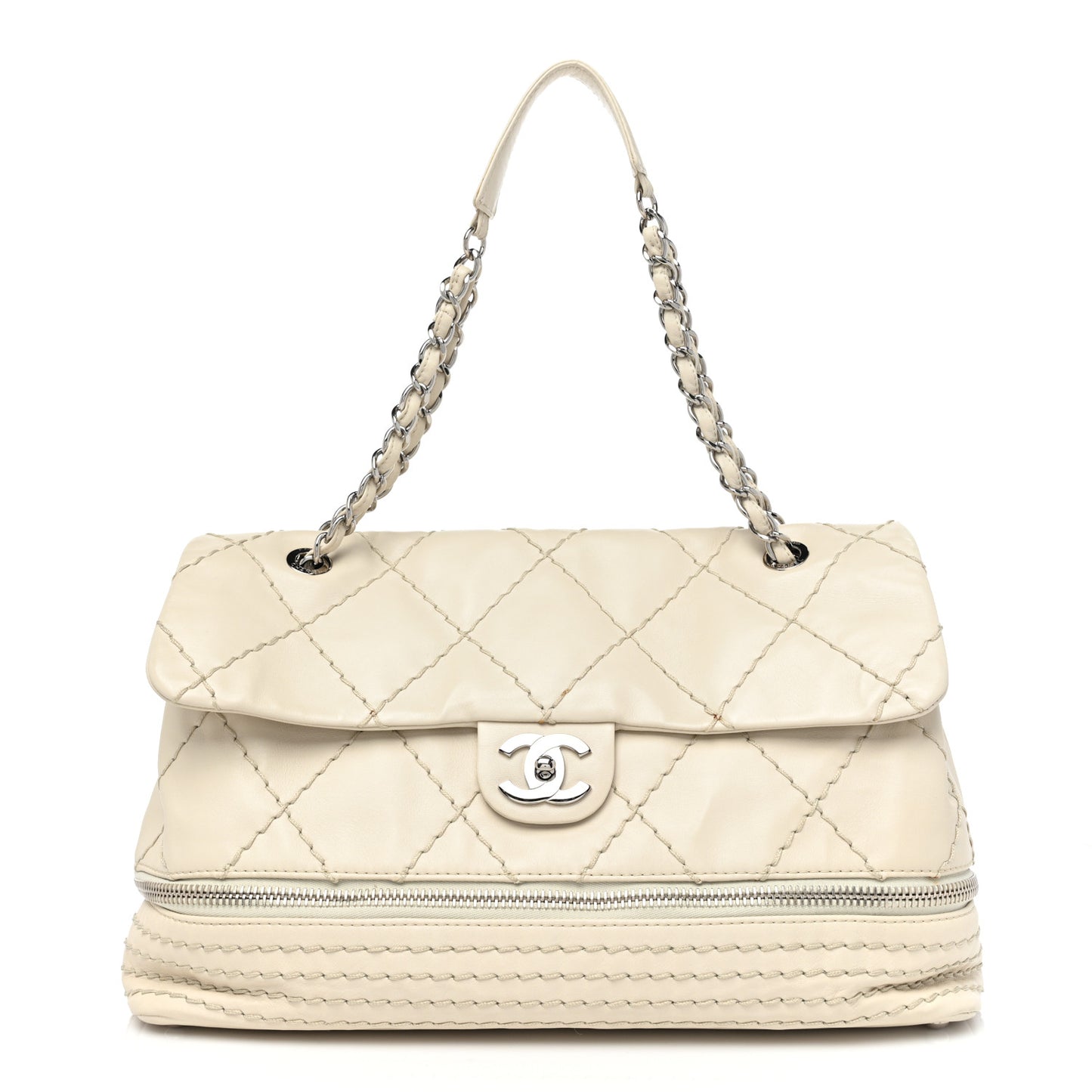 Calfskin Stitched Large Expandable Flap Bag White
