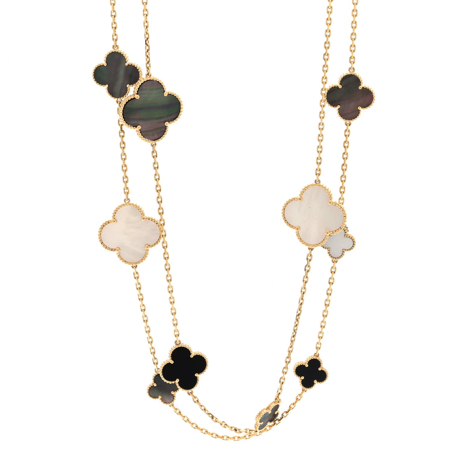 Van Cleef & Arpels 18K Yellow Gold Onyx Mother of Pearl 16 Motifs Magic Alhambra Necklace 1 of 4