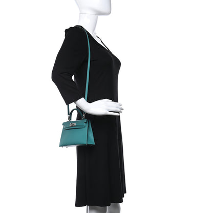 Hermes Chevre Mysore Verso Mini Kelly Sellier 20 Vert Verone Bleu Zanzibar 2 of 13