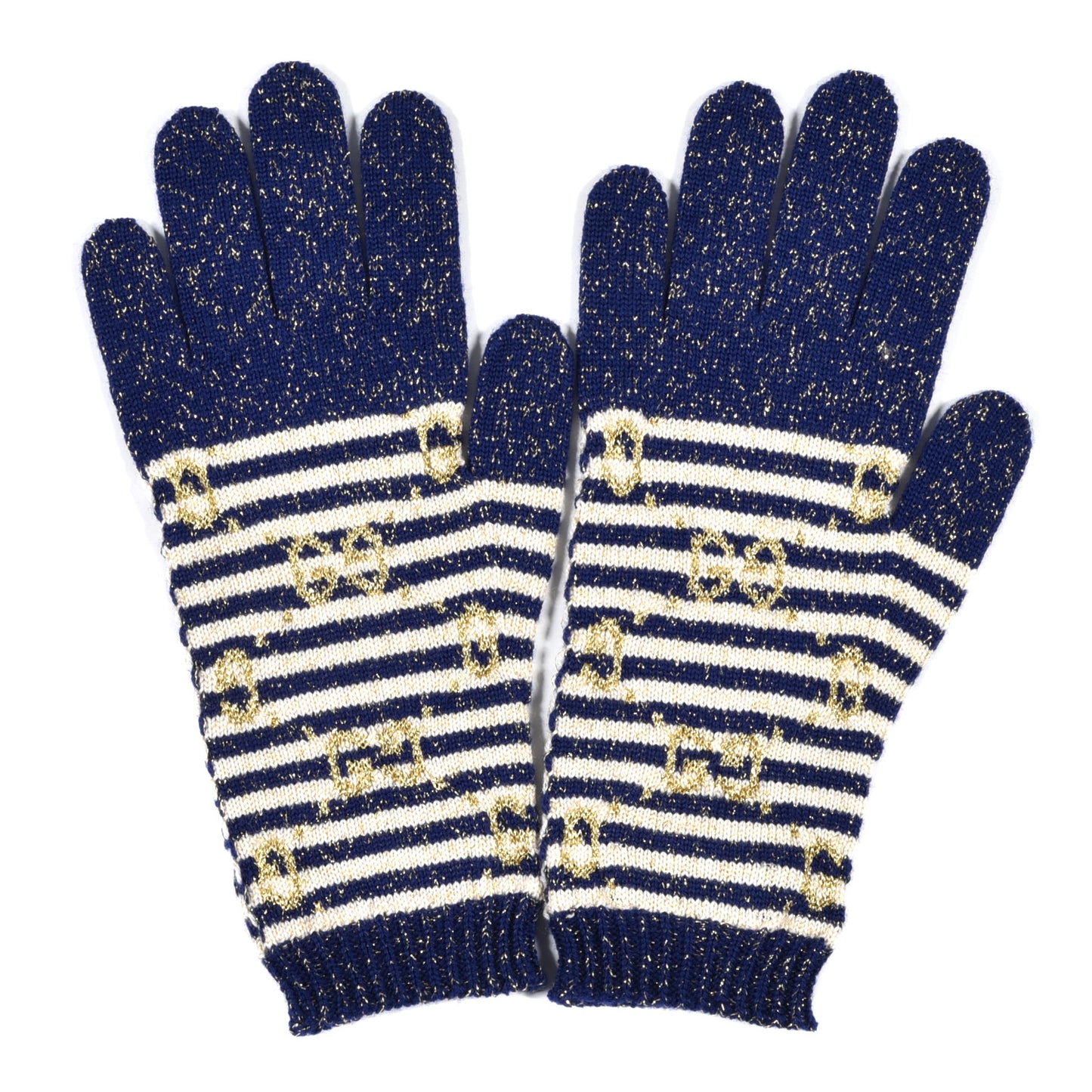 Wool Knit GG Monogram Gloves M Navy Ivory