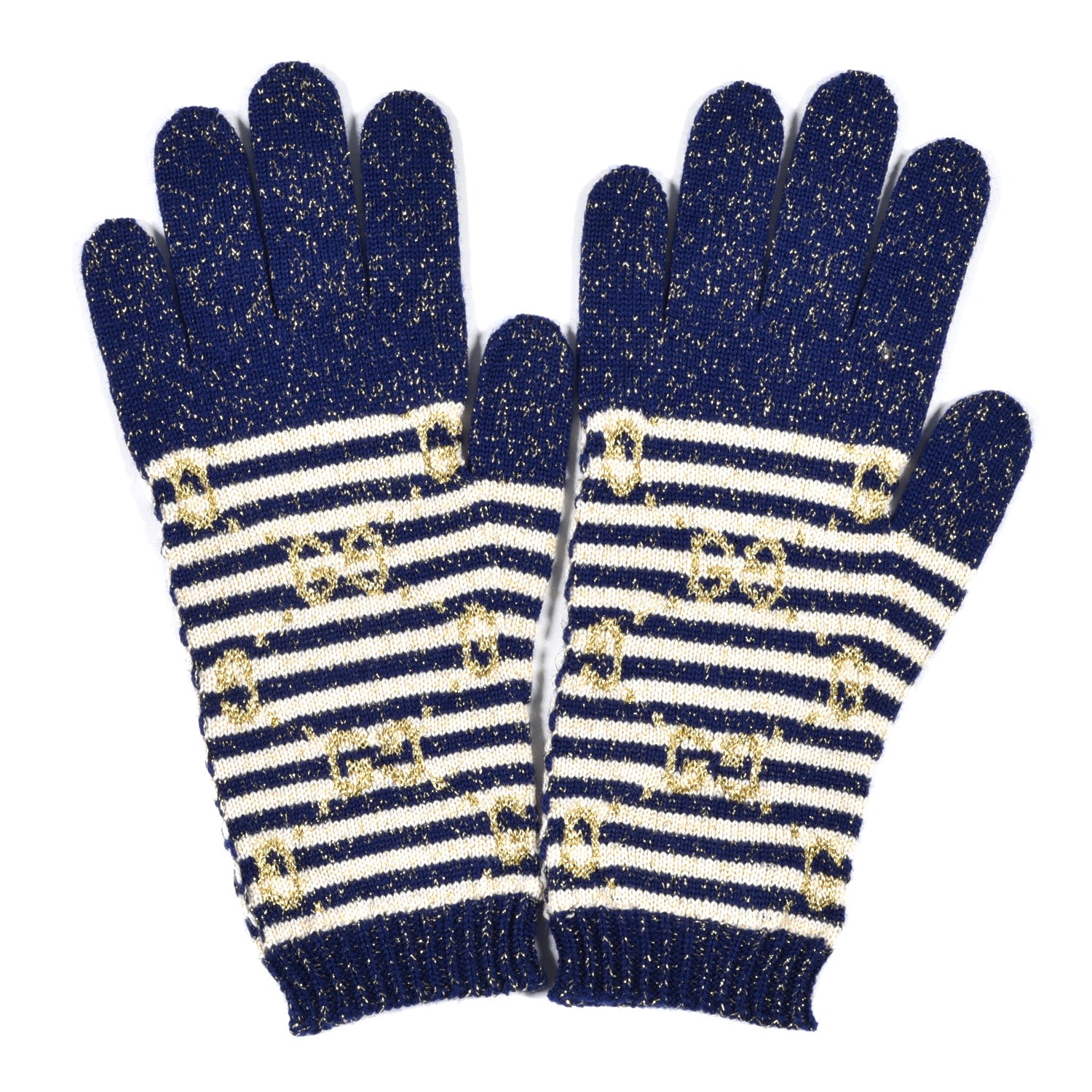 Gucci Wool Knit GG Monogram Gloves M Navy Ivory 1 of 4
