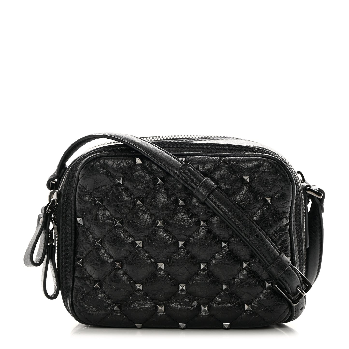 Craquele Nappa Rockstud Spike Double Zip Camera Crossbody Bag Black