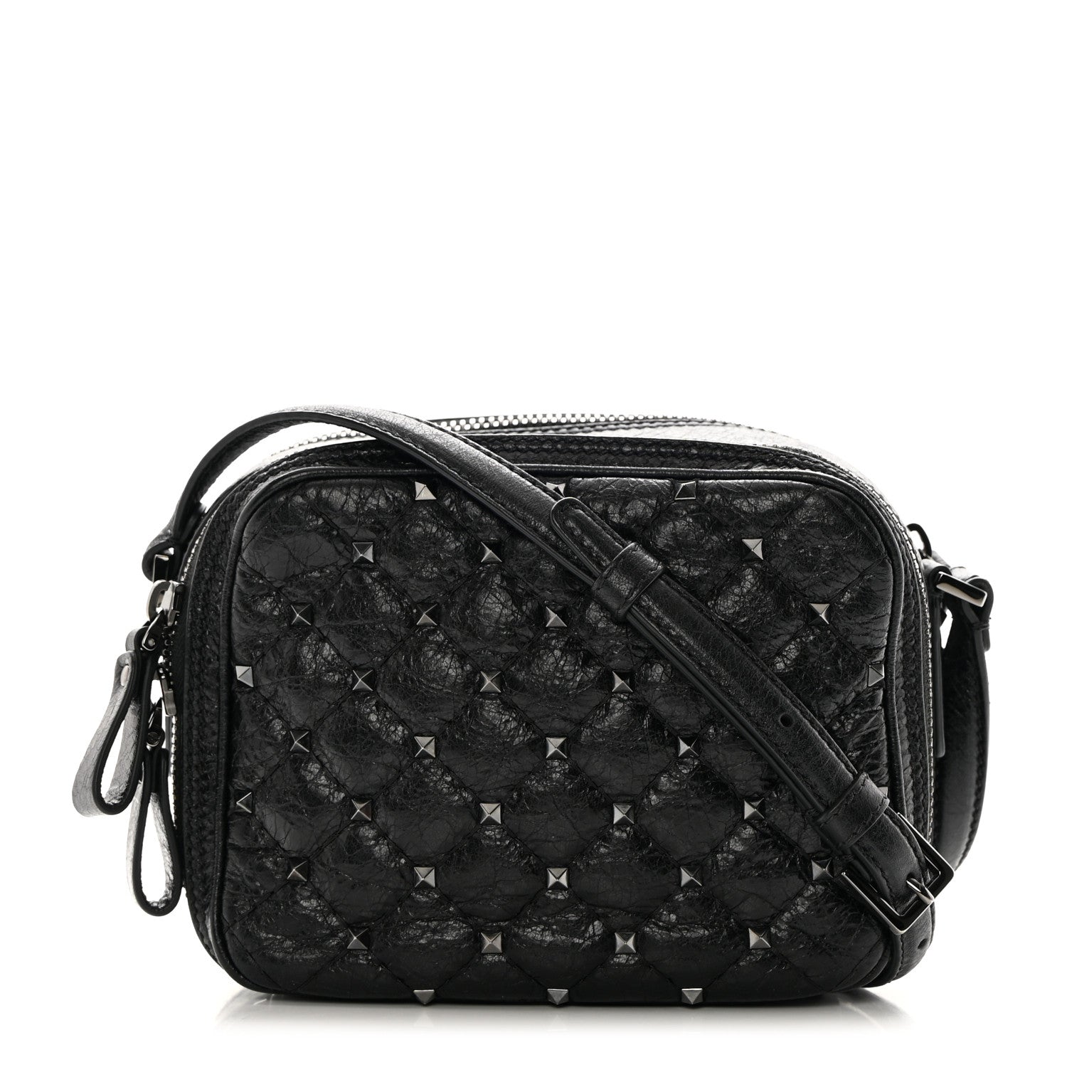 Valentino Garavani Craquele Nappa Rockstud Spike Double Zip Camera Crossbody Bag Black 1 of 13