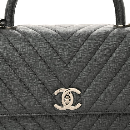 Chanel Metallic Caviar Chevron Quilted Small Coco Handle Flap Dark Silver 8 of 10