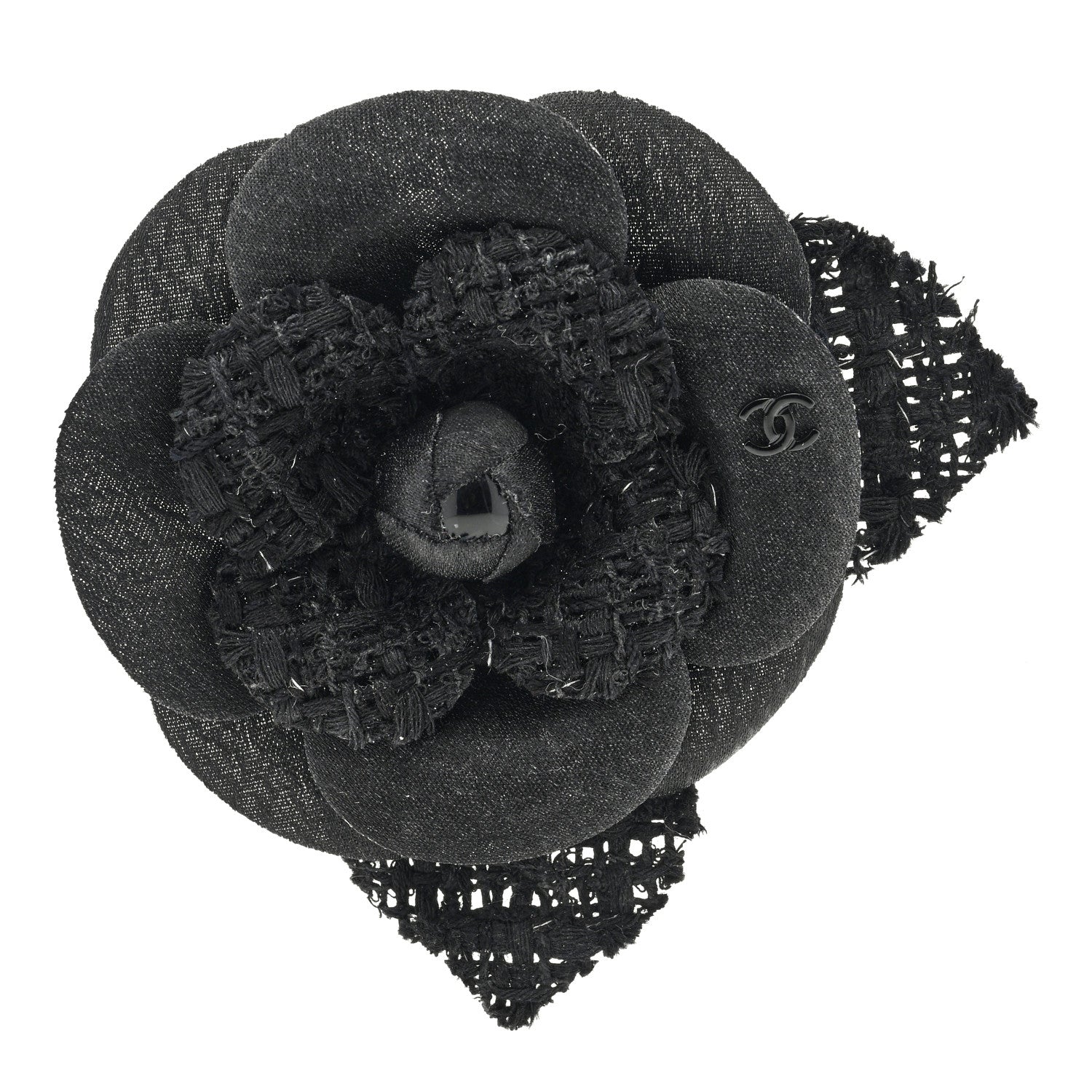 Chanel Tweed Fabric Camellia Pin Brooch Black 1 of 3