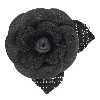 Chanel Tweed Fabric Camellia Pin Brooch Black 1 of 3