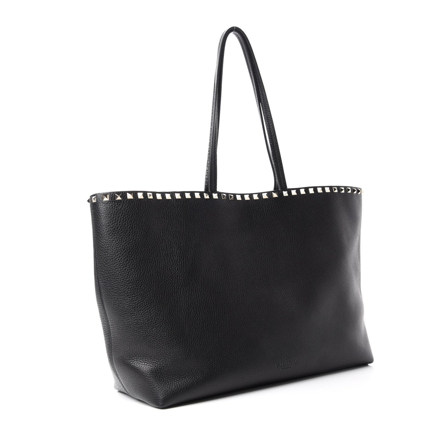 Grained Calfskin Rockstud Shoulder Tote Black