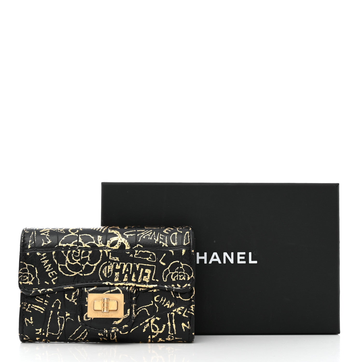 Chanel Calfskin Crocodile Embossed Graffiti 2.55 Crocodile Reissue Flap Card Holder Black Gold 9 of 9