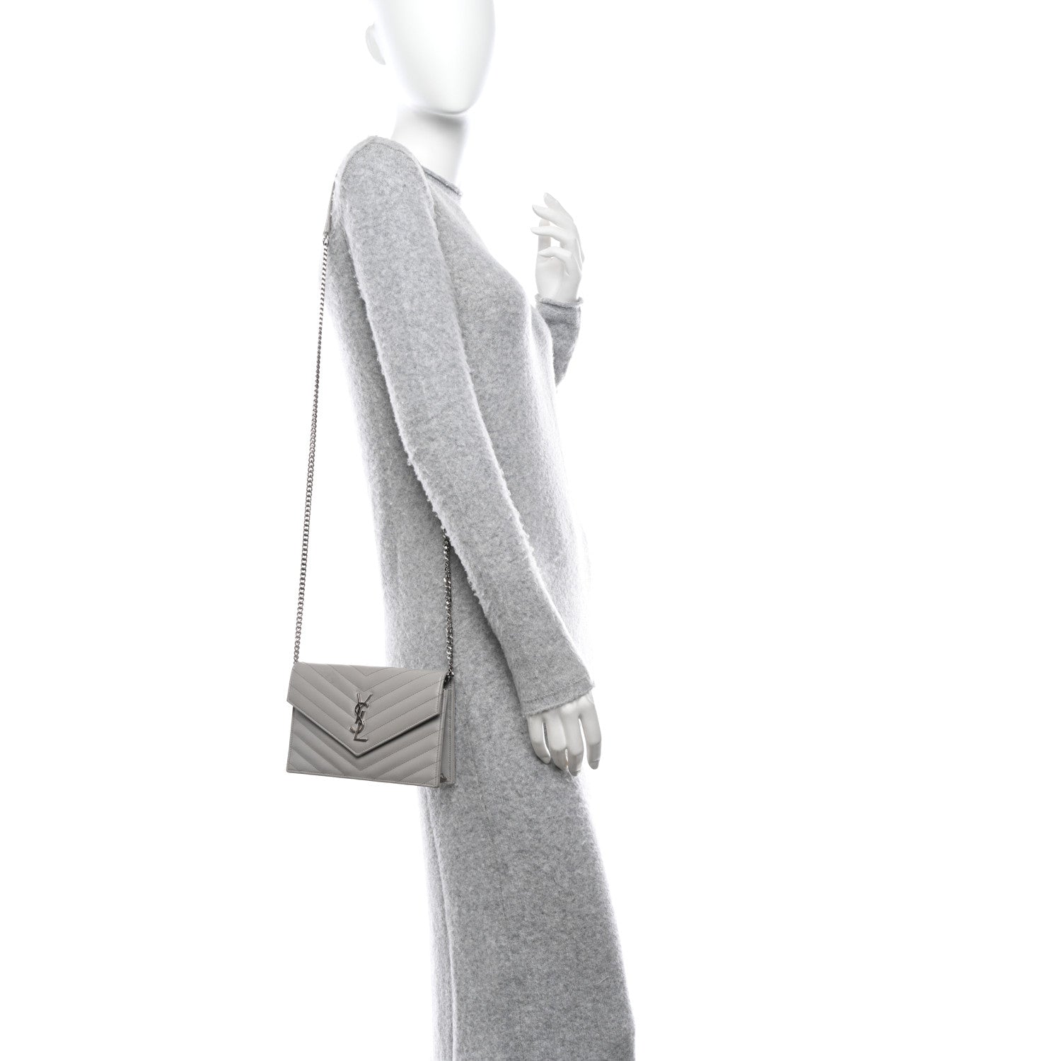 Saint Laurent Grain De Poudre Matelasse Chevron Monogram Envelope Chain Wallet Fog 2 of 13