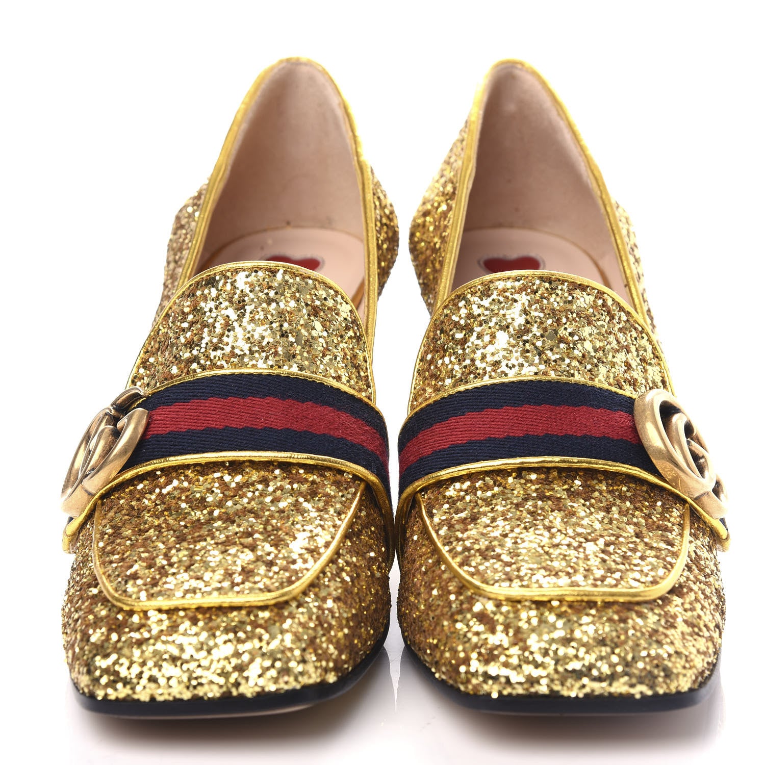 Gucci Glitter Nappa Web Peyton 75mm Loafer Pumps 37 Oro Vecchio 5 of 11