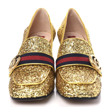 Gucci Glitter Nappa Web Peyton 75mm Loafer Pumps 37 Oro Vecchio 5 of 11