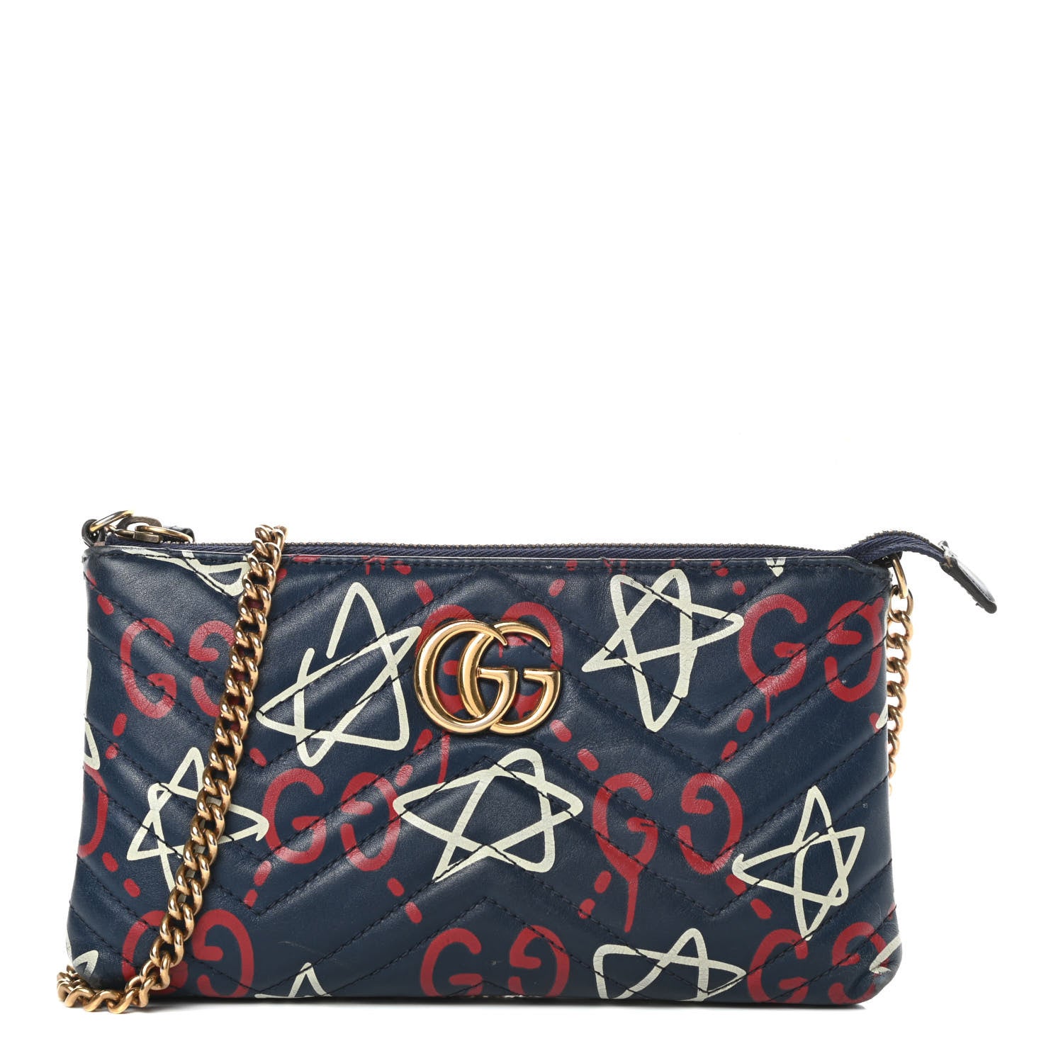 Gucci Calfskin Matelasse GucciGhost Mini GG Marmont Chain Bag Blue Agata Hibiscus Red 1 of 15