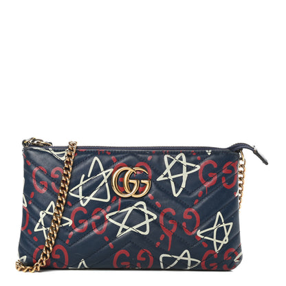 Gucci Calfskin Matelasse GucciGhost Mini GG Marmont Chain Bag Blue Agata Hibiscus Red 1 of 15