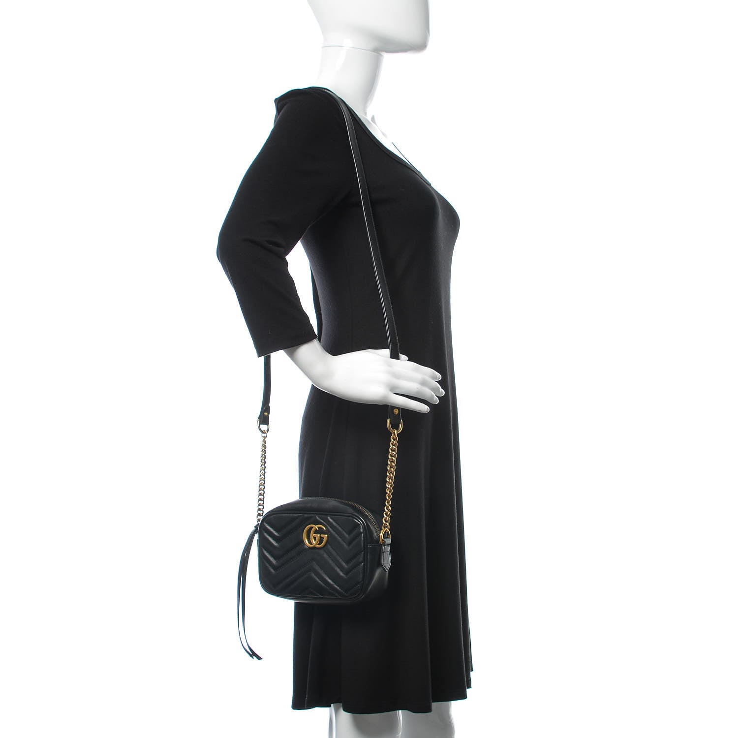 Gucci Calfskin Matelasse Mini GG Marmont Chain Shoulder Bag Black 2 of 9